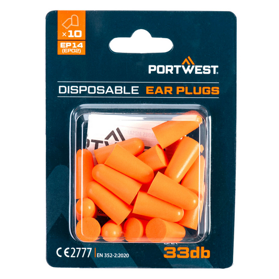 PU Foam Ear Plugs Blister Pack PPE - Orange (10 Pairs) (EP14)
